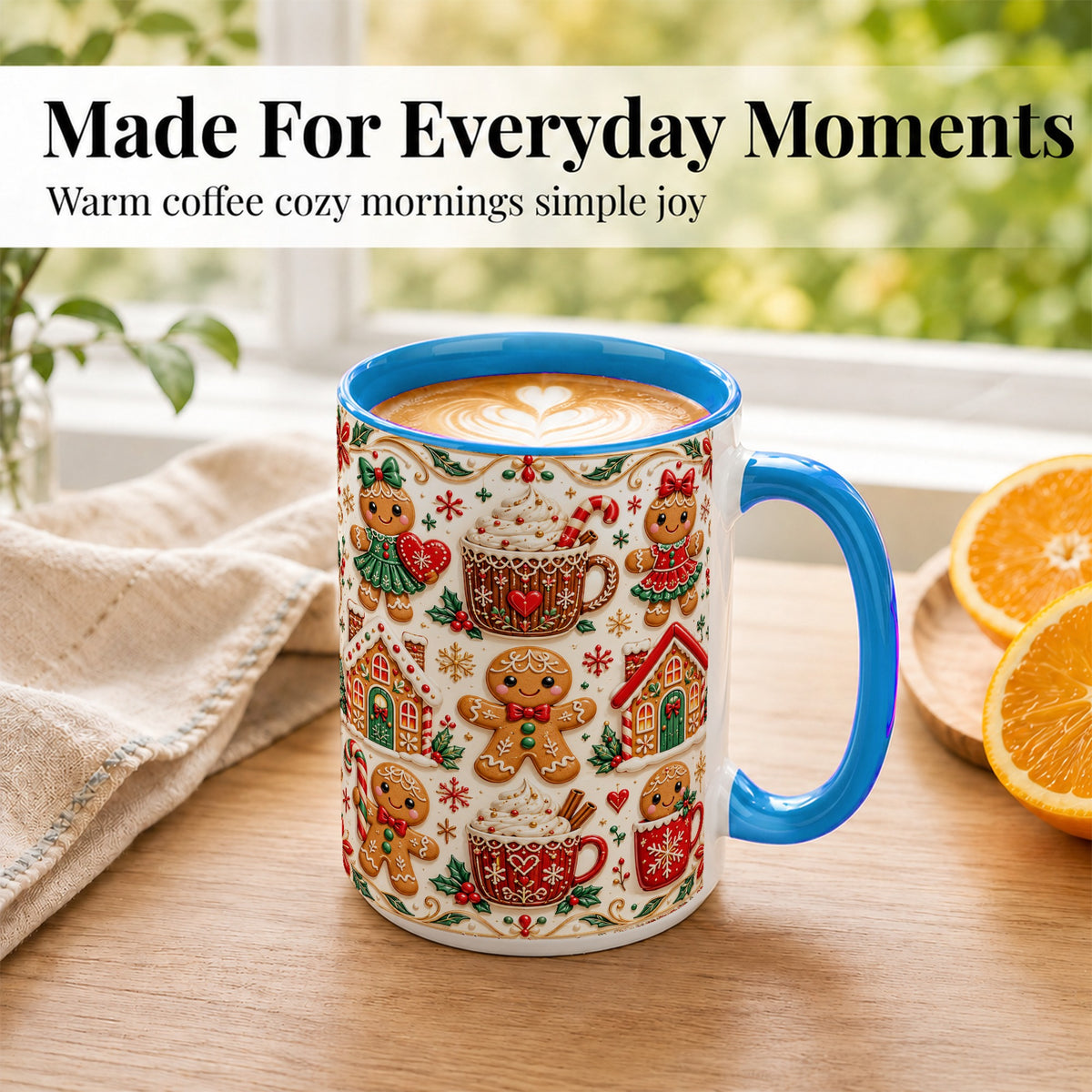 #pl[15oz|Blue] Gingerbread Christmas Coffee Mug, Holiday Gingerbread Mug, Ceramic Cup