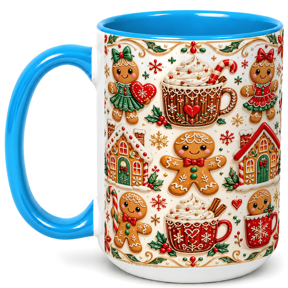 #pl[15oz|Blue] Gingerbread Christmas Coffee Mug, Holiday Gingerbread Mug, Ceramic Cup