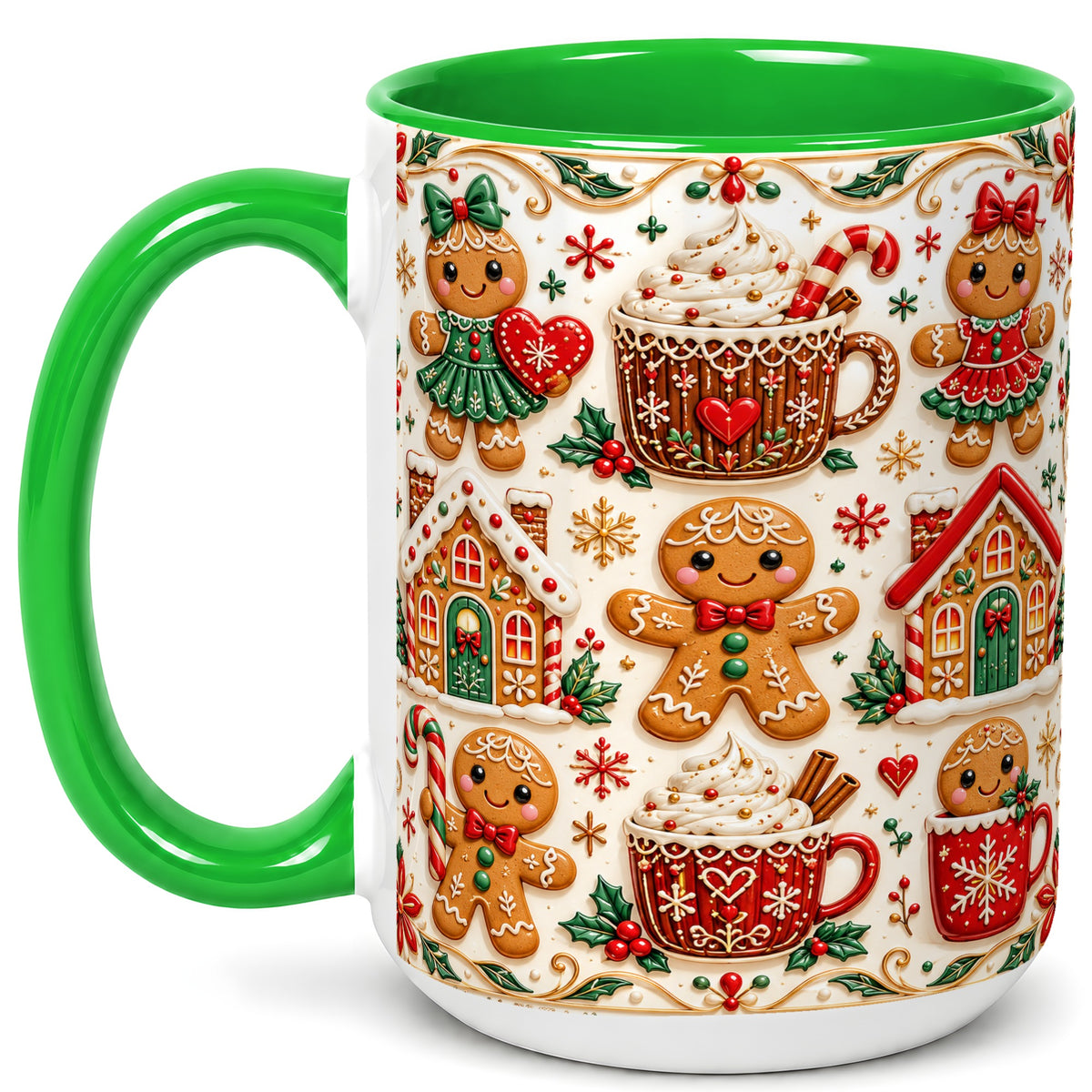 #pl[15oz|Green] Gingerbread Christmas Coffee Mug, Holiday Gingerbread Mug, Ceramic Cup