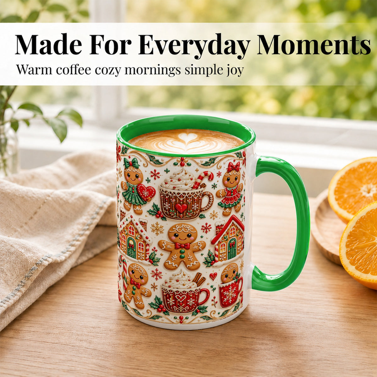 #pl[15oz|Green] Gingerbread Christmas Coffee Mug, Holiday Gingerbread Mug, Ceramic Cup