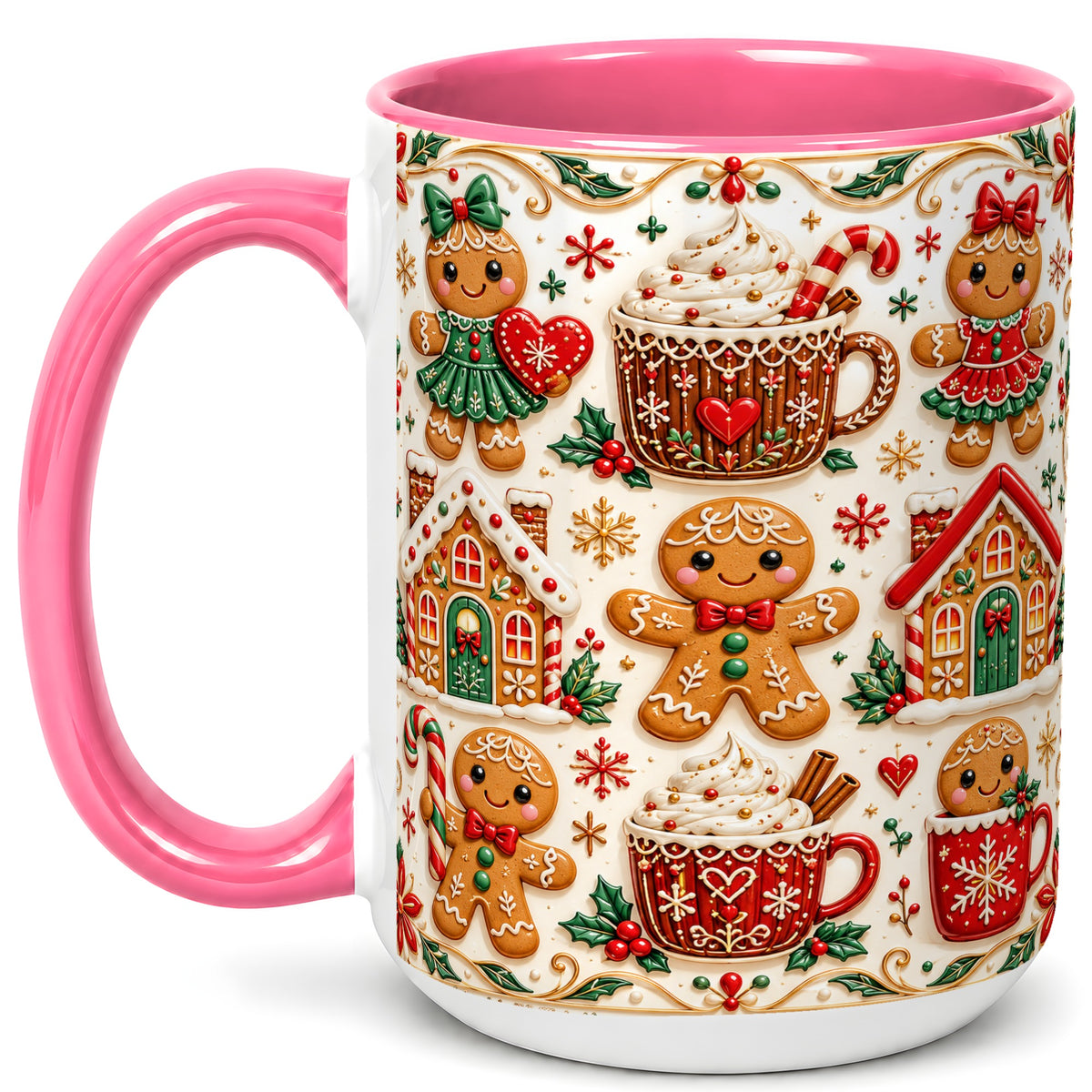 #pl[15oz|Pink] Gingerbread Christmas Coffee Mug, Holiday Gingerbread Mug, Ceramic Cup