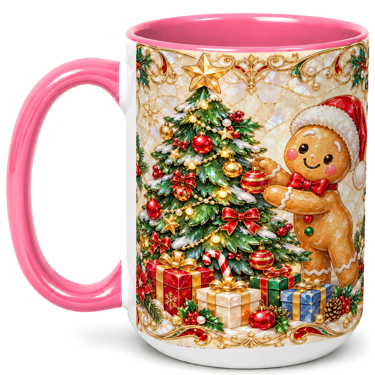 #pl[15oz|Pink] Gingerbread Tree Coffee Mug, Christmas Cookie Mug, Ceramic Cup