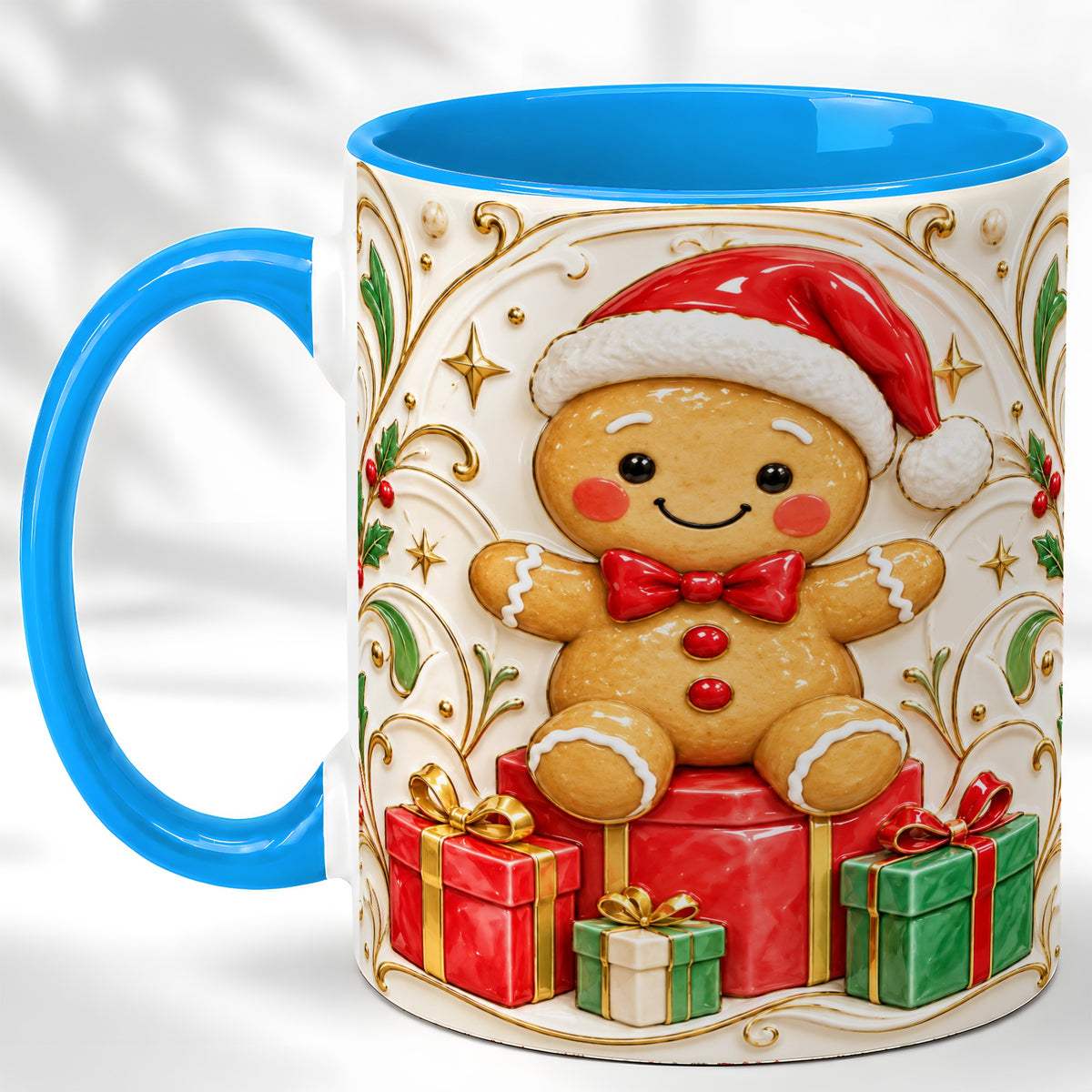 #pl[11oz|Blue] Santa Gingerbread Coffee Mug, Christmas Cookie Mug, Ceramic Cup
