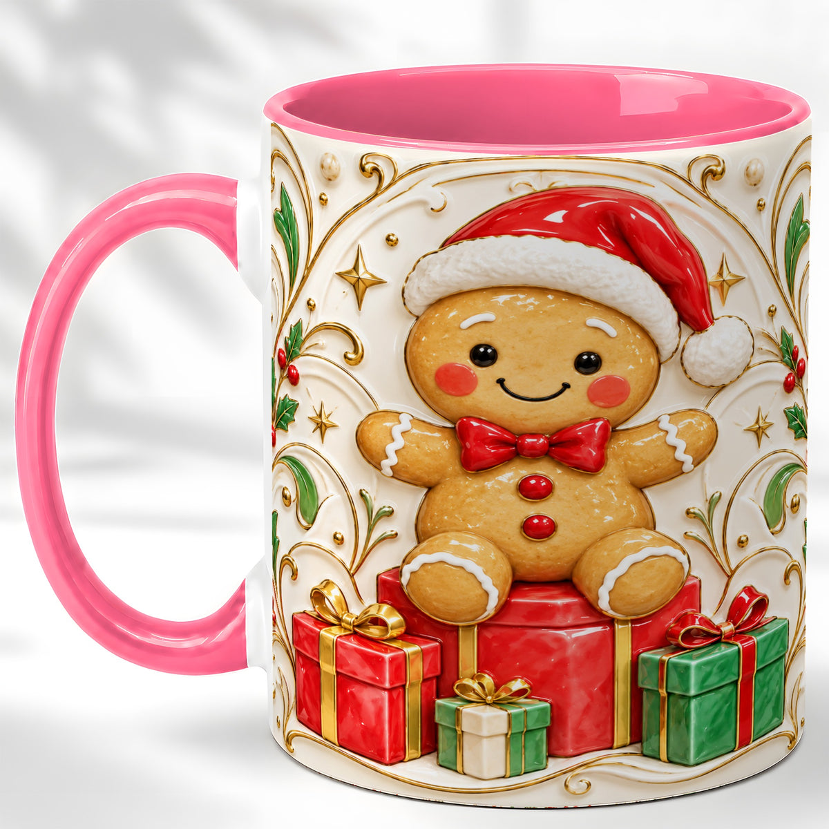 #pl[11oz|Pink] Santa Gingerbread Coffee Mug, Christmas Cookie Mug, Ceramic Cup