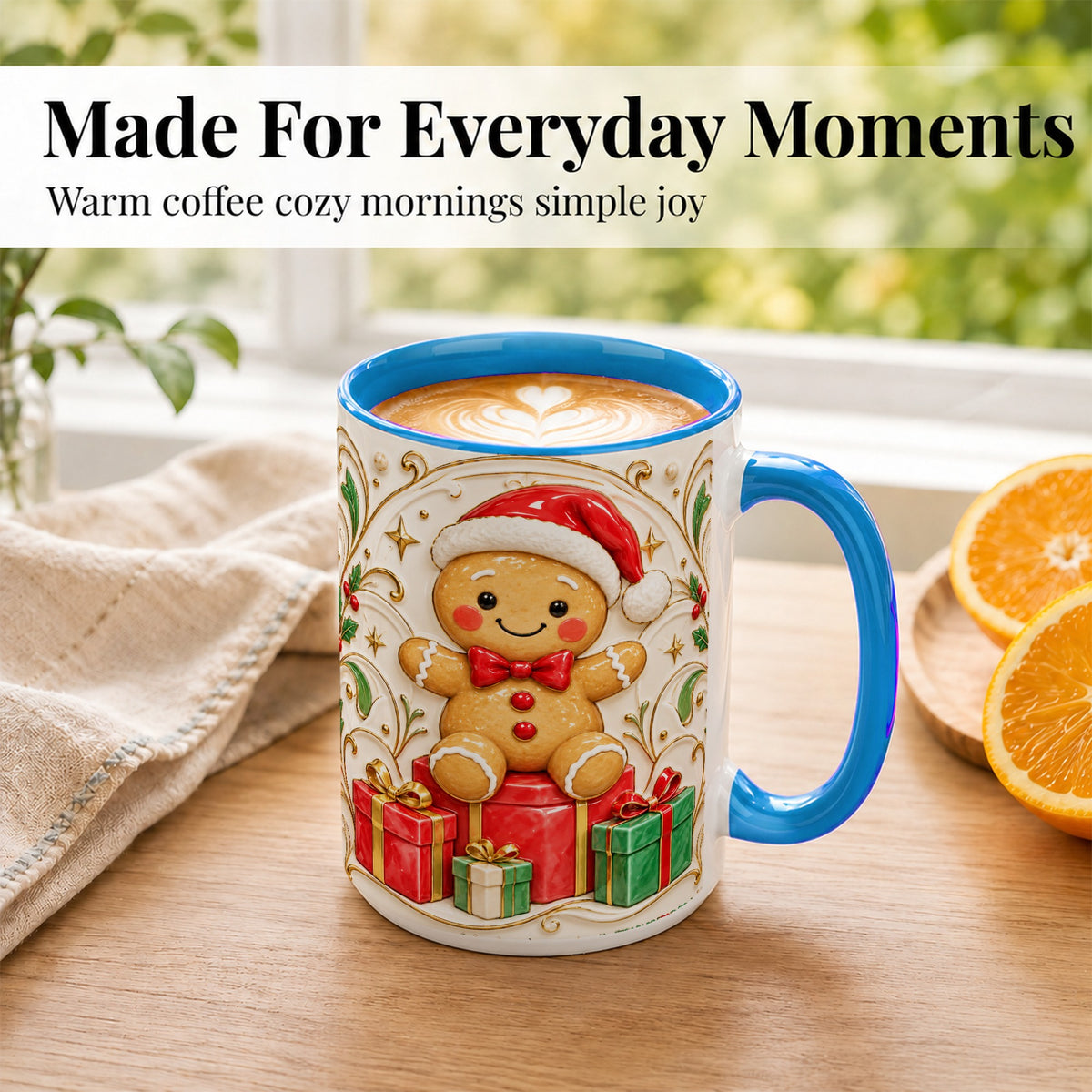 #pl[15oz|Blue] Santa Gingerbread Coffee Mug, Christmas Cookie Mug, Ceramic Cup