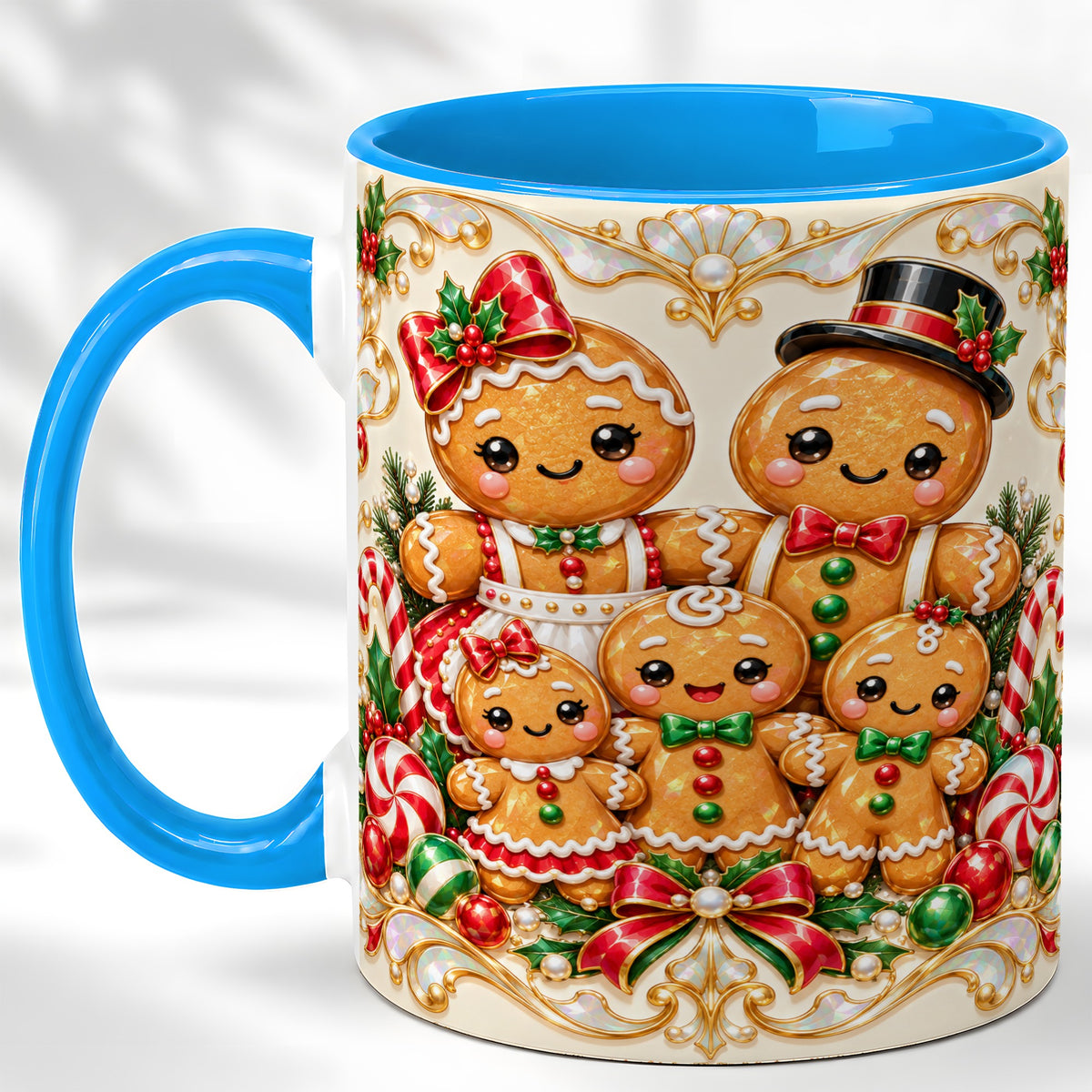 #pl[11oz|Blue] Gingerbread Family Coffee Mug, Christmas Cookie Mug, Ceramic Cup