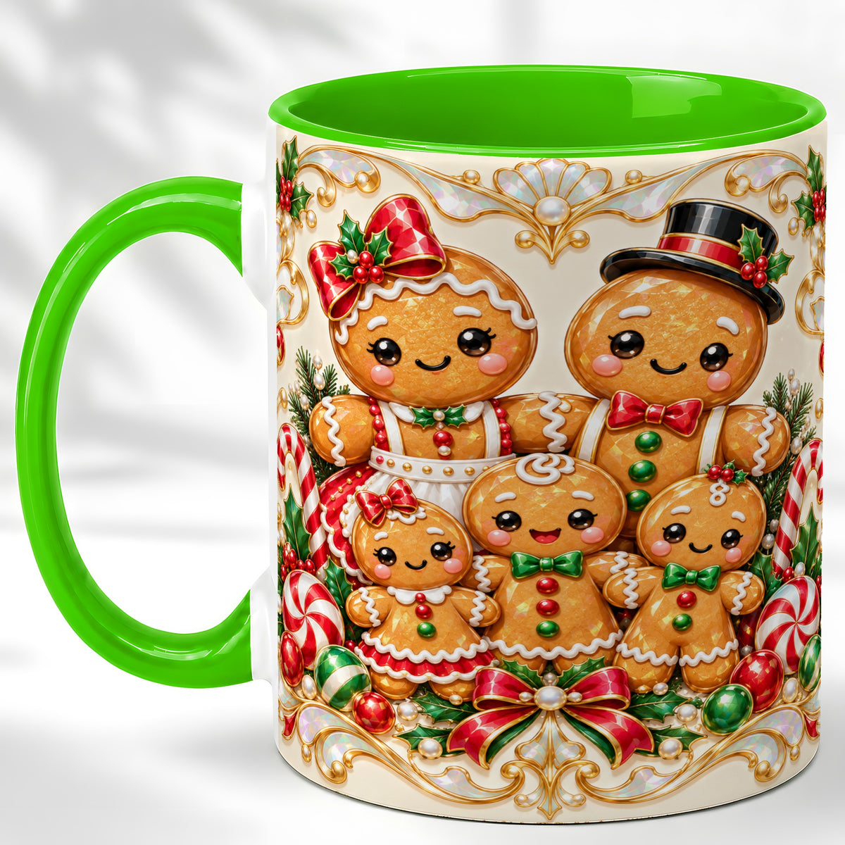 #pl[11oz|Green] Gingerbread Family Coffee Mug, Christmas Cookie Mug, Ceramic Cup