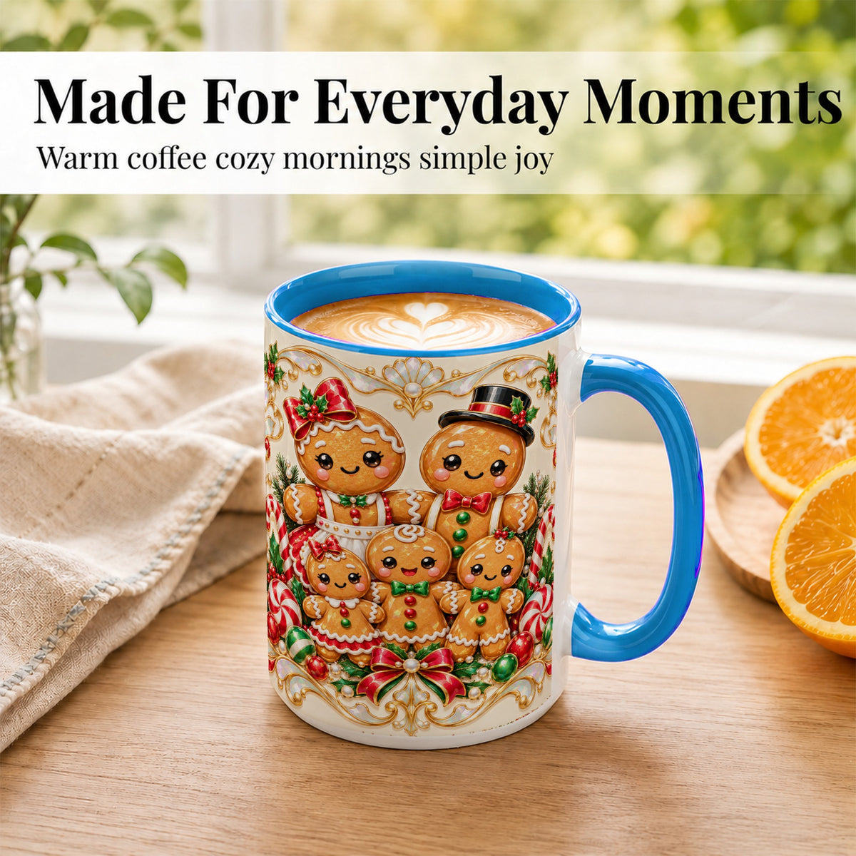 #pl[15oz|Blue] Gingerbread Family Coffee Mug, Christmas Cookie Mug, Ceramic Cup