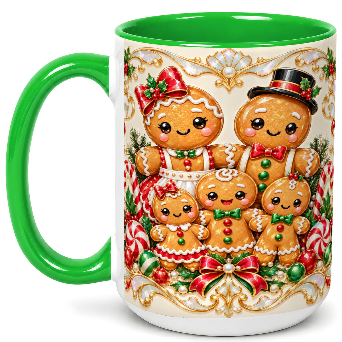 #pl[15oz|Green] Gingerbread Family Coffee Mug, Christmas Cookie Mug, Ceramic Cup