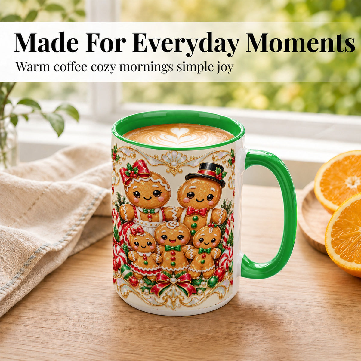#pl[15oz|Green] Gingerbread Family Coffee Mug, Christmas Cookie Mug, Ceramic Cup