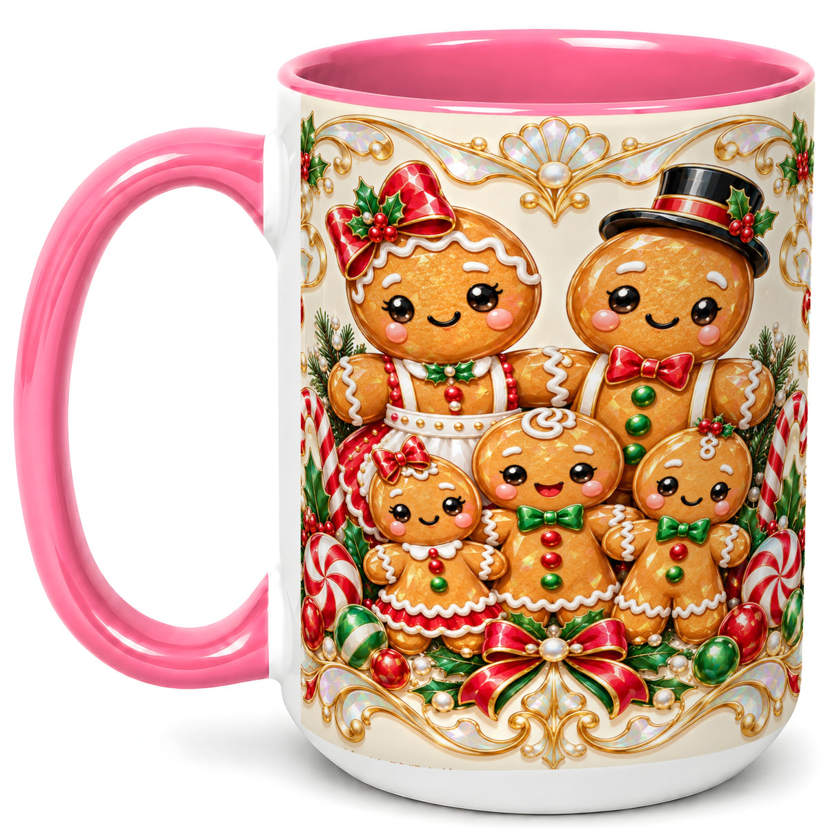 #pl[15oz|Pink] Gingerbread Family Coffee Mug, Christmas Cookie Mug, Ceramic Cup