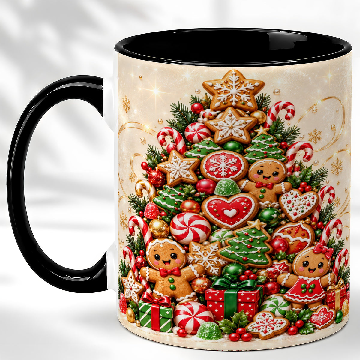 #pl[11oz|Black] Gingerbread Christmas Tree Coffee Mug, Holiday Cookie Mug, Ceramic Cup