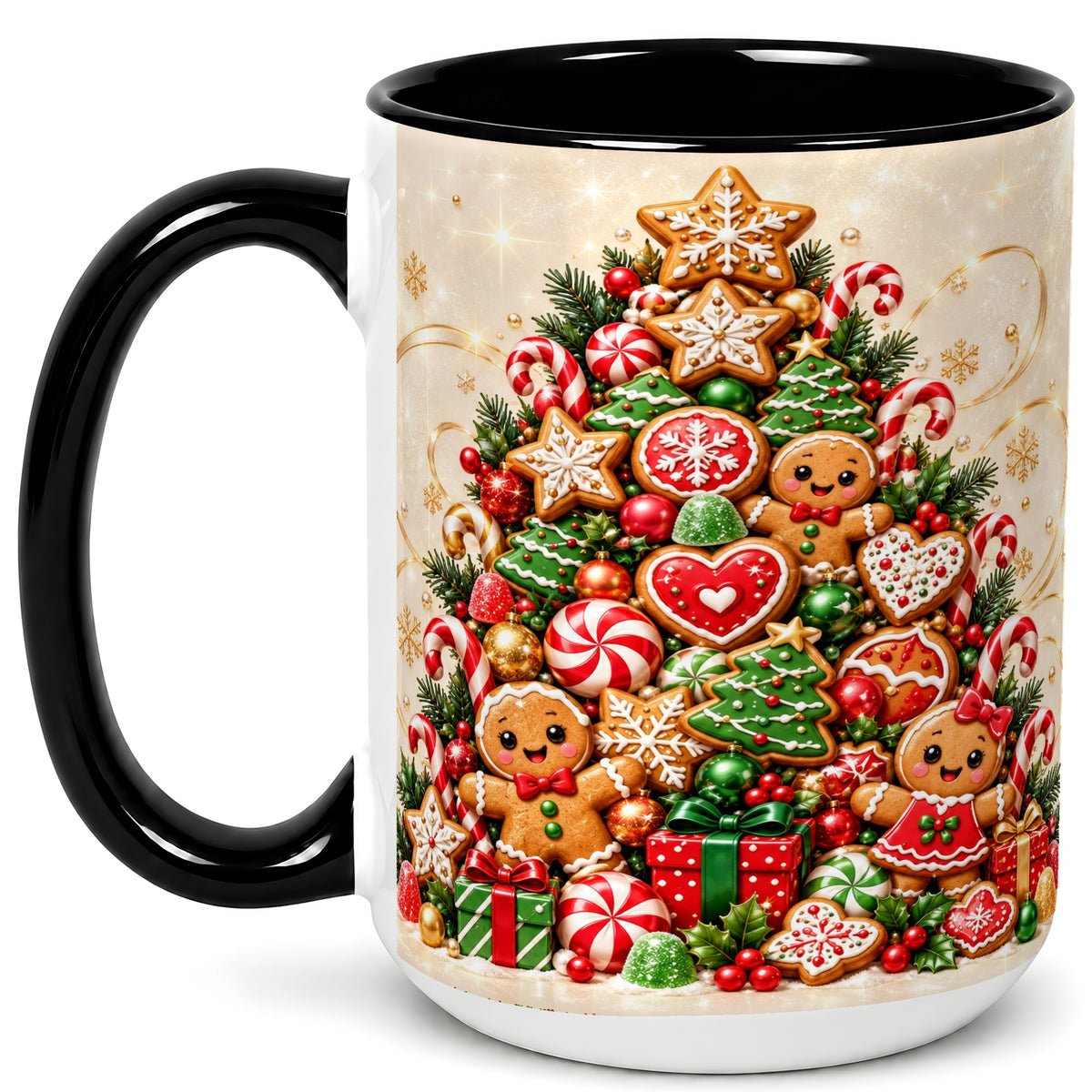 #pl[15oz|Black] Gingerbread Christmas Tree Coffee Mug, Holiday Cookie Mug, Ceramic Cup