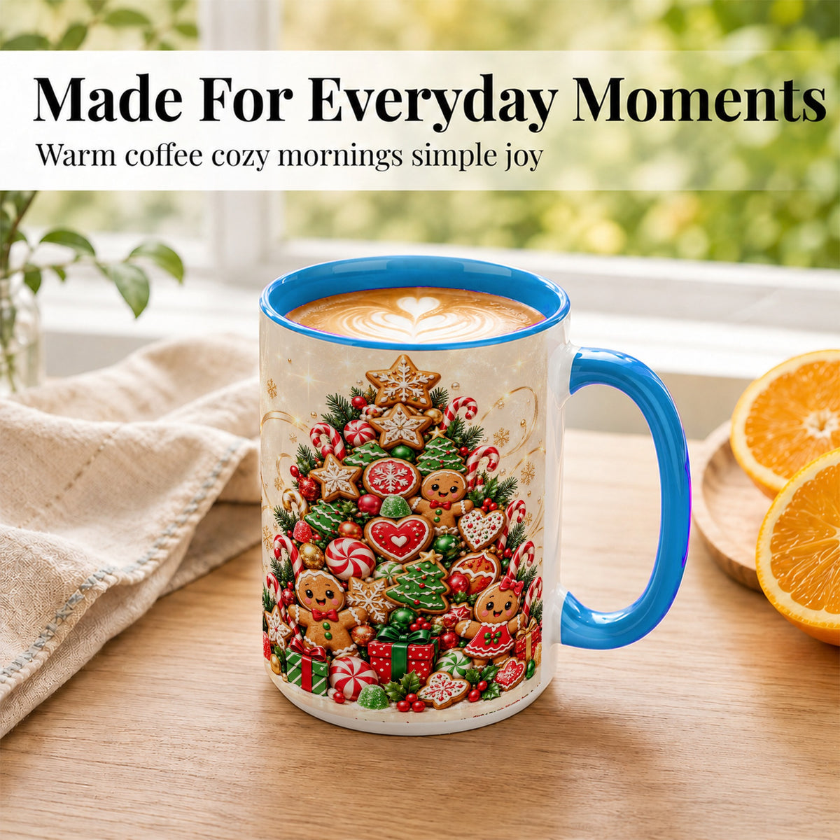 #pl[15oz|Blue] Gingerbread Christmas Tree Coffee Mug, Holiday Cookie Mug, Ceramic Cup