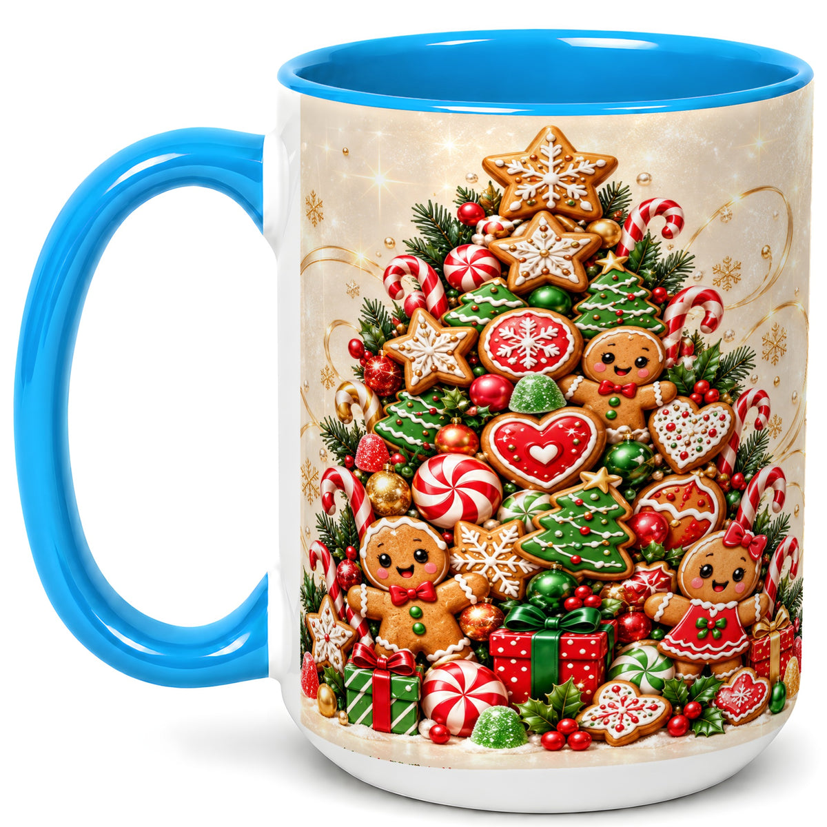 #pl[15oz|Blue] Gingerbread Christmas Tree Coffee Mug, Holiday Cookie Mug, Ceramic Cup