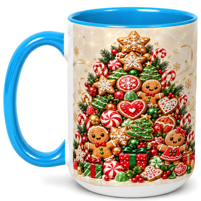 #pl[15oz|Blue] Gingerbread Christmas Tree Coffee Mug, Holiday Cookie Mug, Ceramic Cup