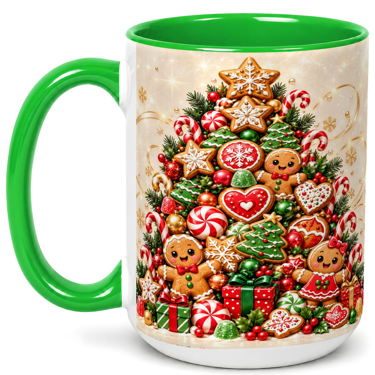 #pl[15oz|Green] Gingerbread Christmas Tree Coffee Mug, Holiday Cookie Mug, Ceramic Cup