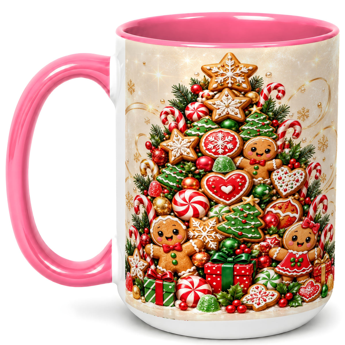 #pl[15oz|Pink] Gingerbread Christmas Tree Coffee Mug, Holiday Cookie Mug, Ceramic Cup