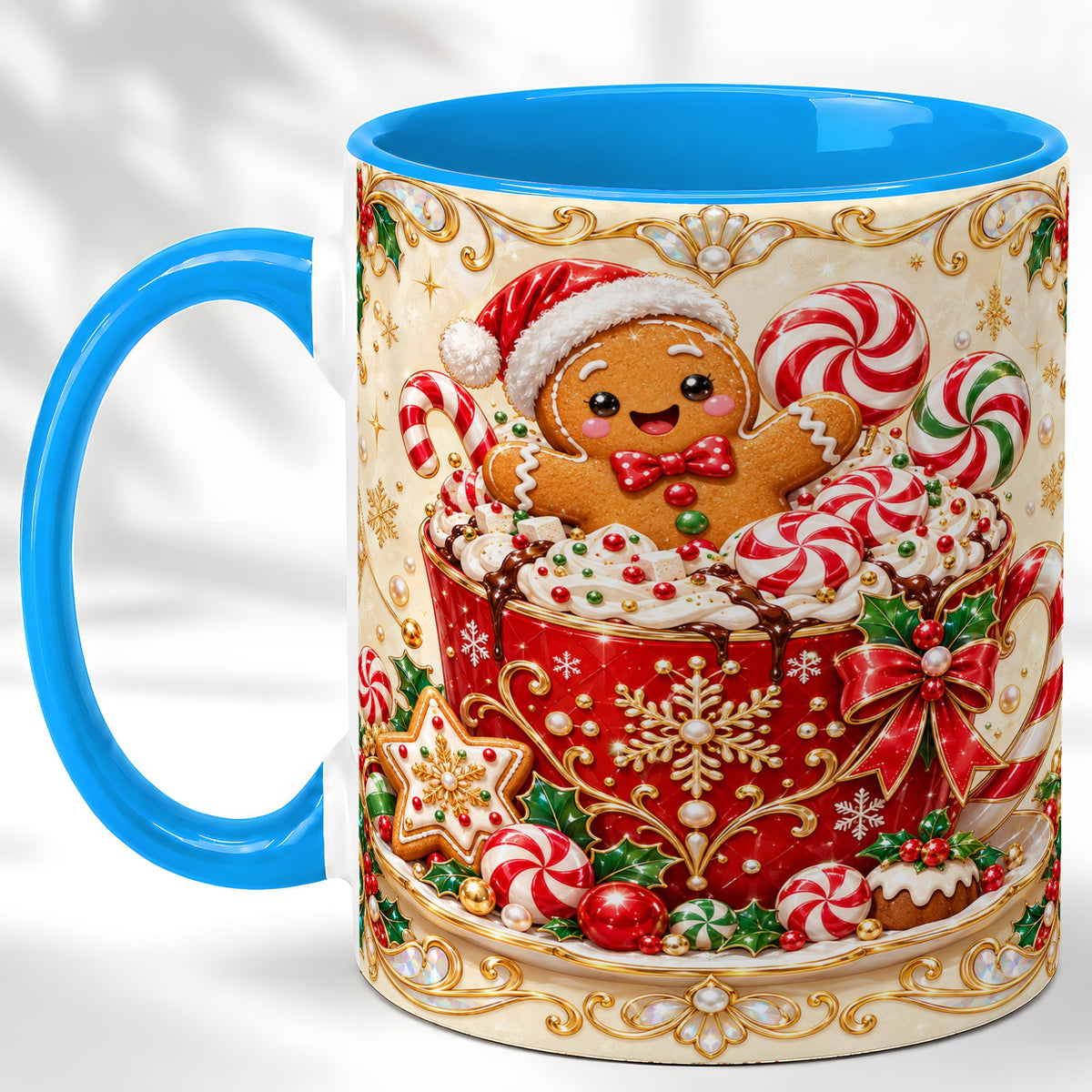#pl[11oz|Blue] Gingerbread Cocoa Coffee Mug, Christmas Candy Mug, Ceramic Cup