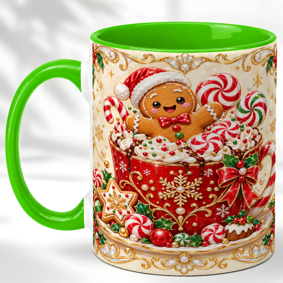 #pl[11oz|Green] Gingerbread Cocoa Coffee Mug, Christmas Candy Mug, Ceramic Cup