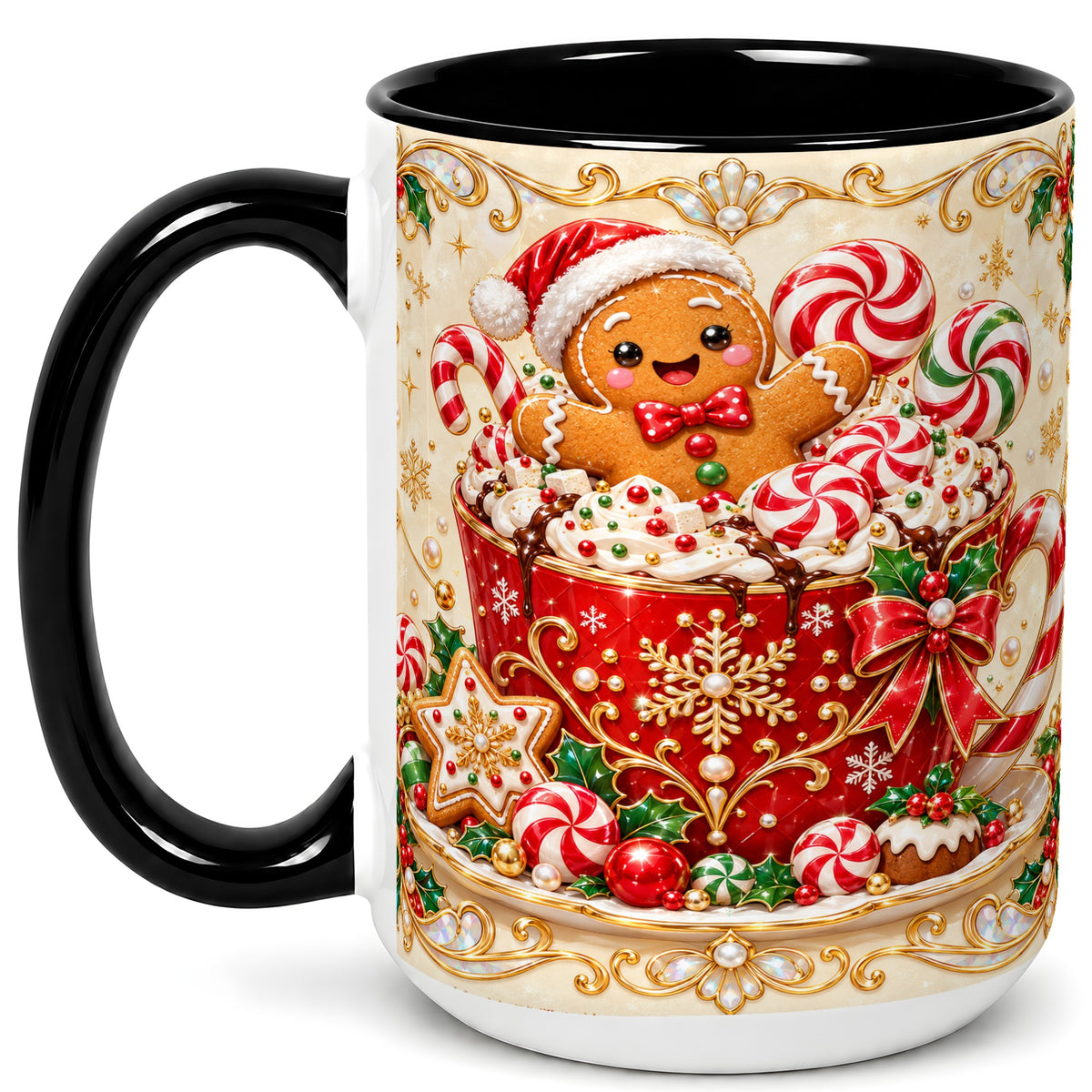 #pl[15oz|Black] Gingerbread Cocoa Coffee Mug, Christmas Candy Mug, Ceramic Cup