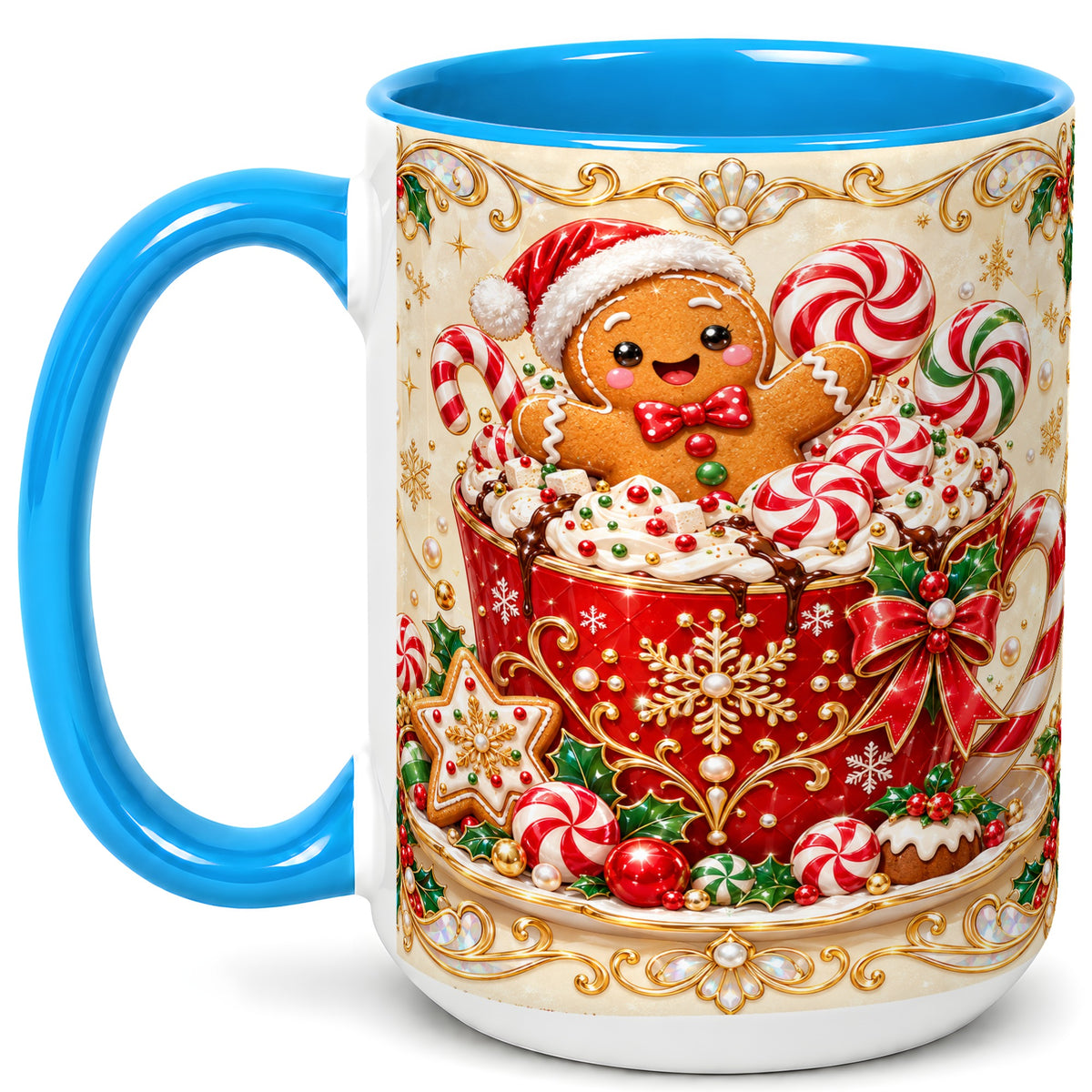 #pl[15oz|Blue] Gingerbread Cocoa Coffee Mug, Christmas Candy Mug, Ceramic Cup