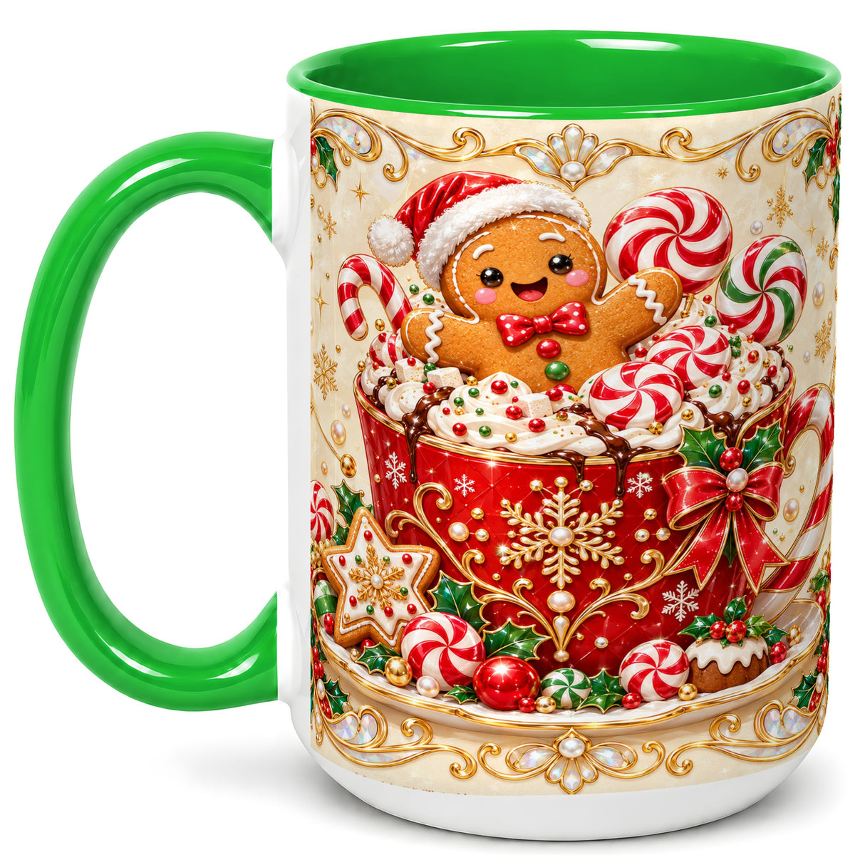 #pl[15oz|Green] Gingerbread Cocoa Coffee Mug, Christmas Candy Mug, Ceramic Cup