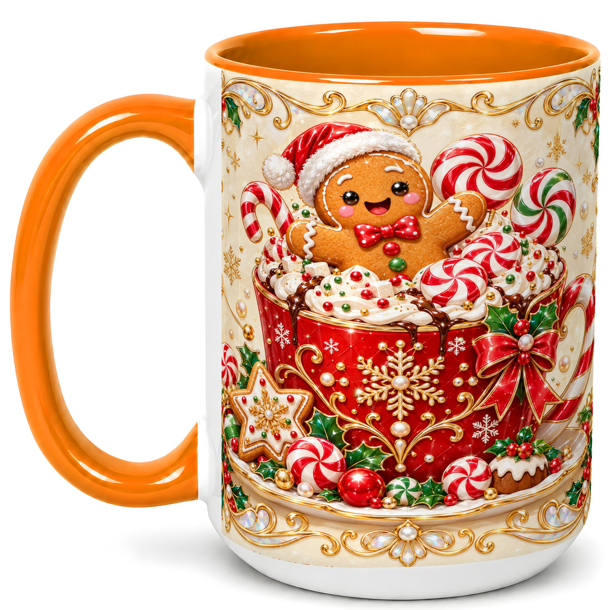 #pl[15oz|Orange] Gingerbread Cocoa Coffee Mug, Christmas Candy Mug, Ceramic Cup