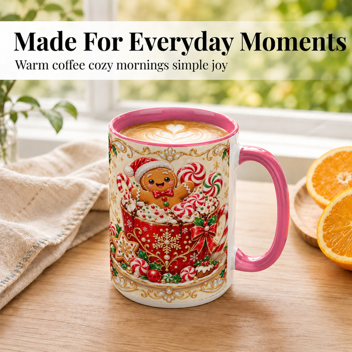 #pl[15oz|Pink] Gingerbread Cocoa Coffee Mug, Christmas Candy Mug, Ceramic Cup