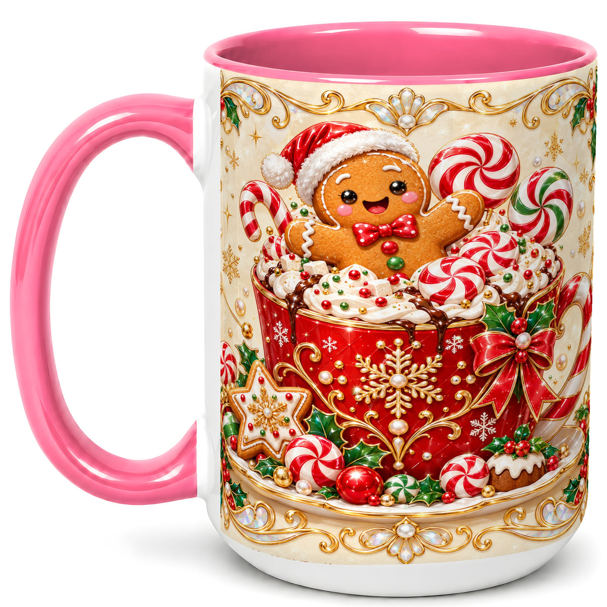 #pl[15oz|Pink] Gingerbread Cocoa Coffee Mug, Christmas Candy Mug, Ceramic Cup