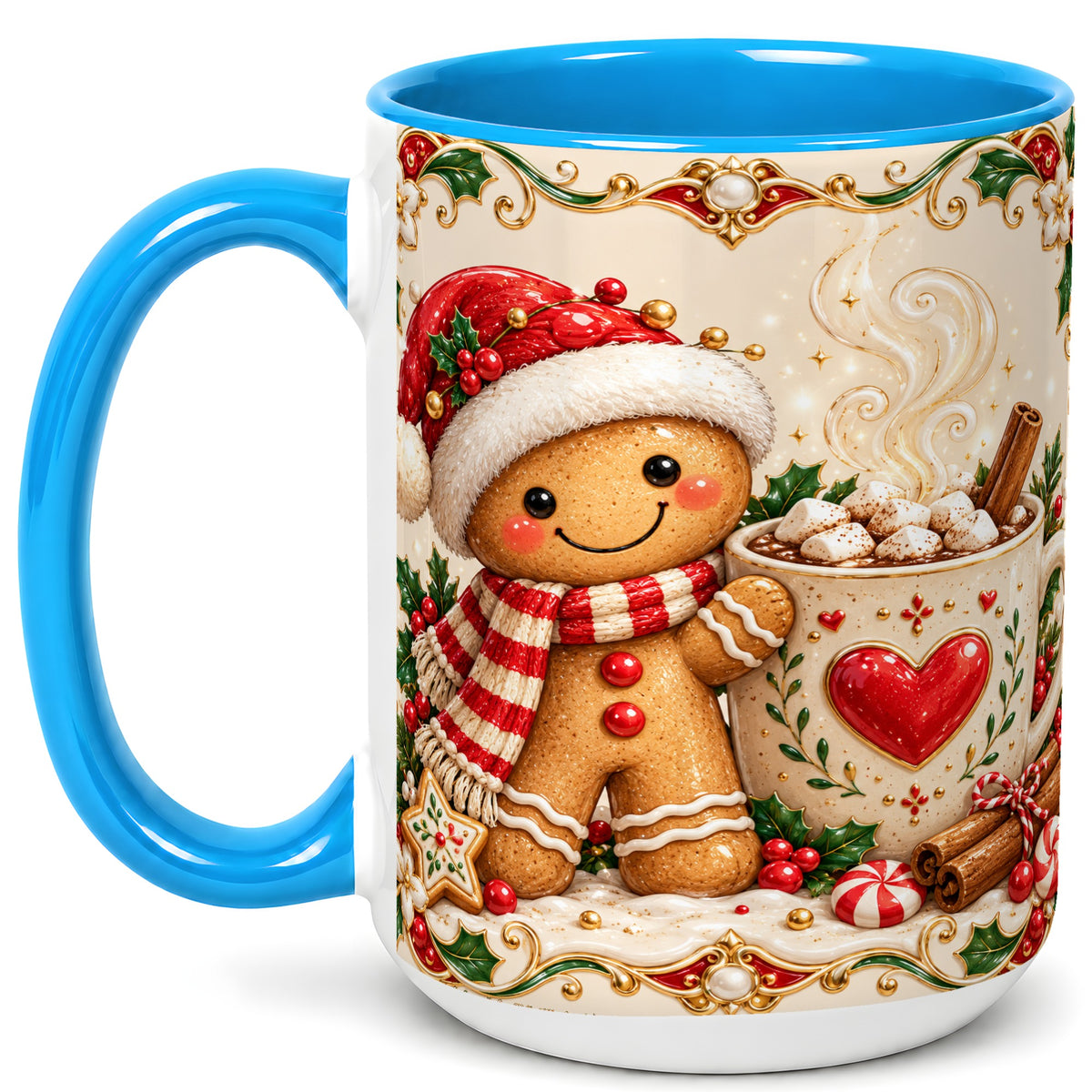 #pl[15oz|Blue] Gingerbread Hot Cocoa Coffee Mug, Christmas Cookie Mug, Ceramic Cup
