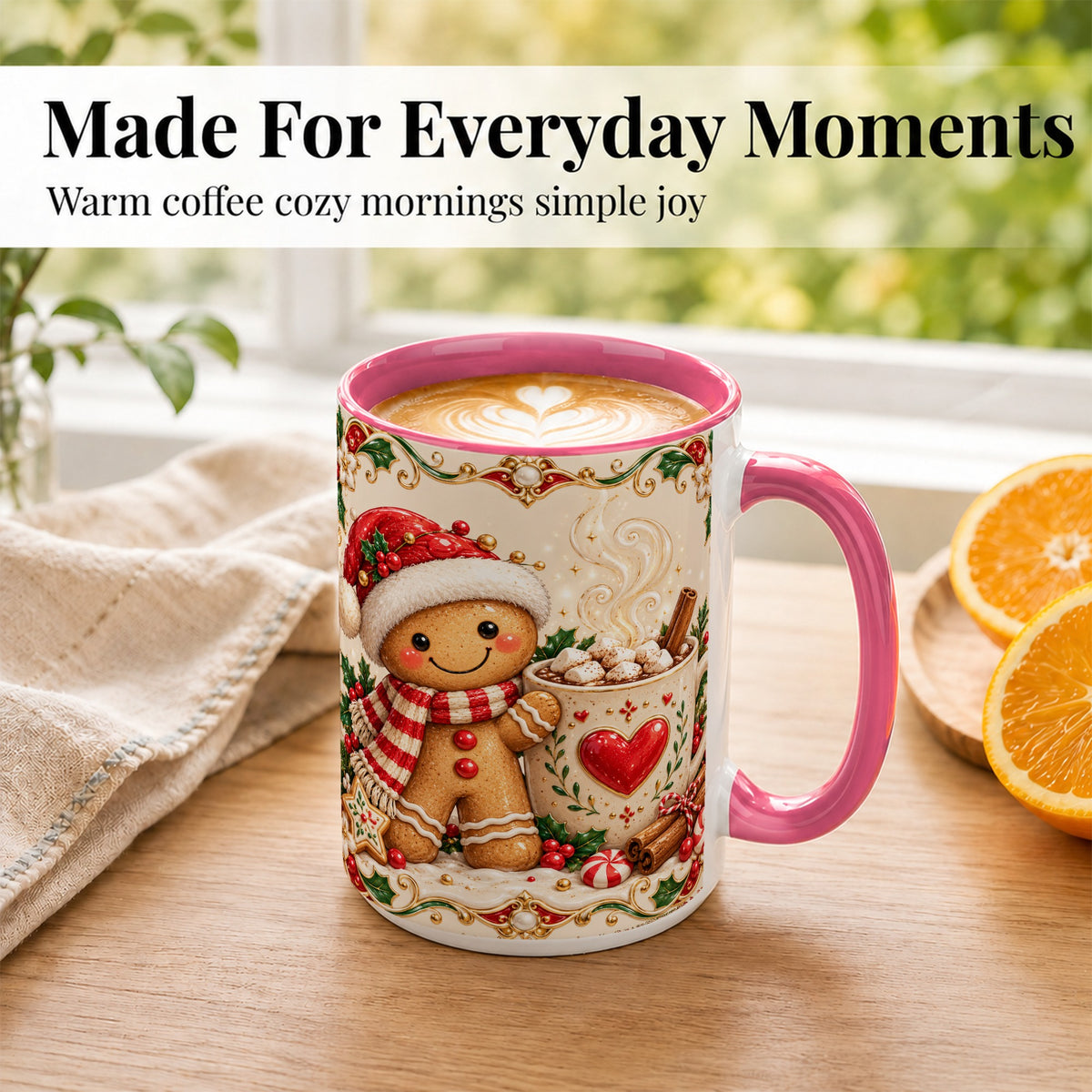#pl[15oz|Pink] Gingerbread Hot Cocoa Coffee Mug, Christmas Cookie Mug, Ceramic Cup