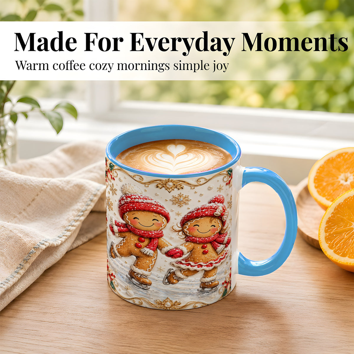 #pl[11oz|Blue] Gingerbread Skaters Coffee Mug, Christmas Couple Mug, Ceramic Cup
