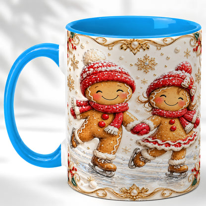 #pl[11oz|Blue] Gingerbread Skaters Coffee Mug, Christmas Couple Mug, Ceramic Cup
