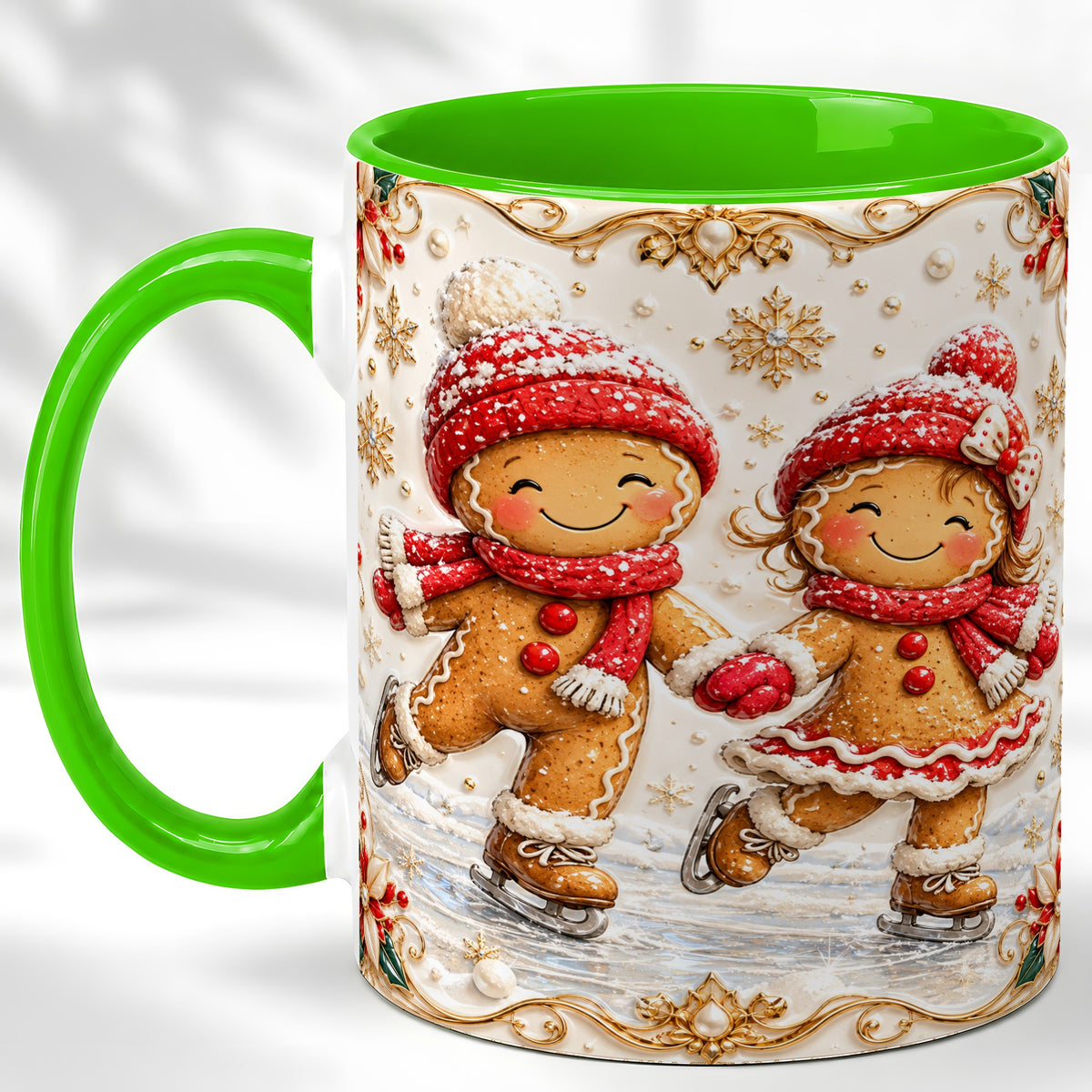 #pl[11oz|Green] Gingerbread Skaters Coffee Mug, Christmas Couple Mug, Ceramic Cup