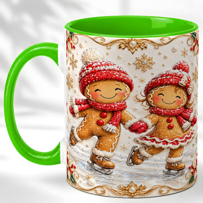 #pl[11oz|Green] Gingerbread Skaters Coffee Mug, Christmas Couple Mug, Ceramic Cup