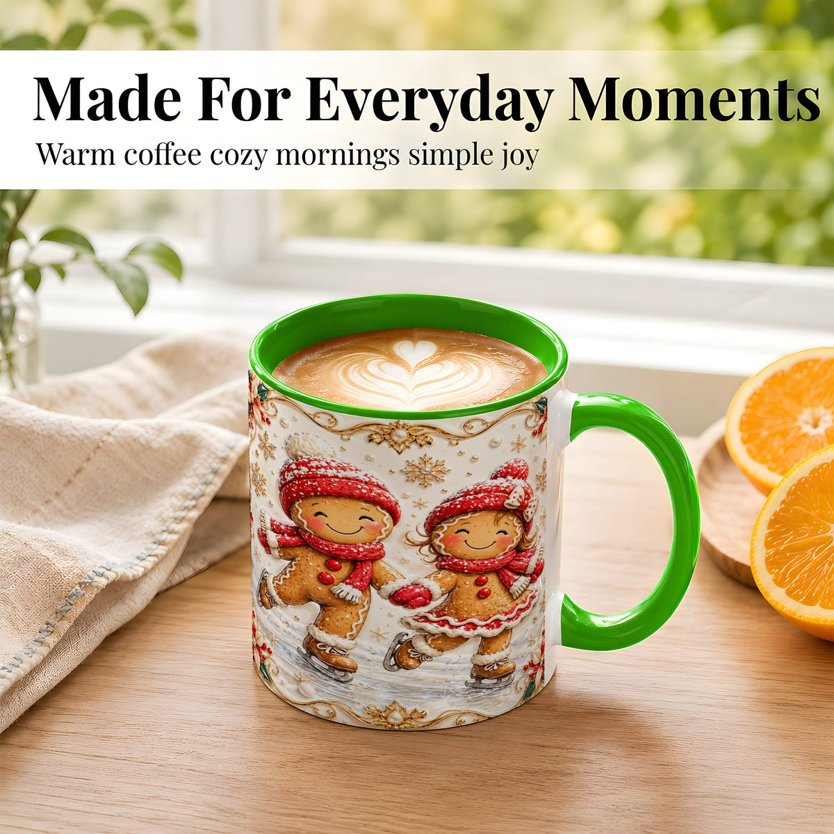 #pl[11oz|Green] Gingerbread Skaters Coffee Mug, Christmas Couple Mug, Ceramic Cup
