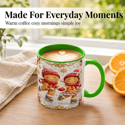 #pl[11oz|Green] Gingerbread Skaters Coffee Mug, Christmas Couple Mug, Ceramic Cup