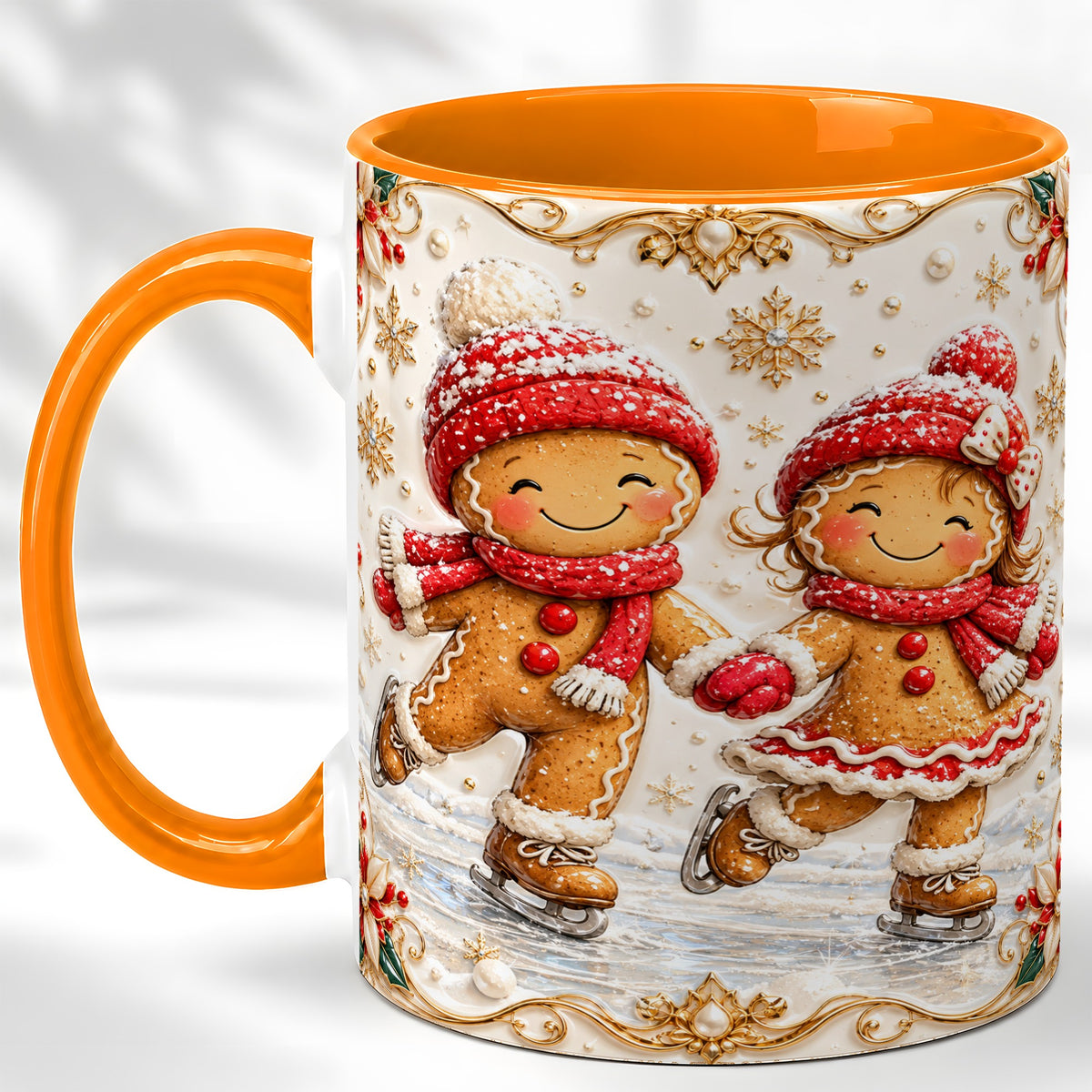 #pl[11oz|Orange] Gingerbread Skaters Coffee Mug, Christmas Couple Mug, Ceramic Cup