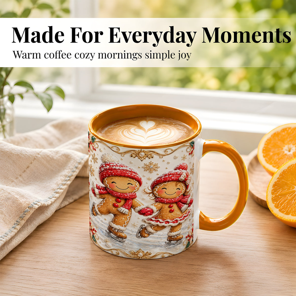 #pl[11oz|Orange] Gingerbread Skaters Coffee Mug, Christmas Couple Mug, Ceramic Cup