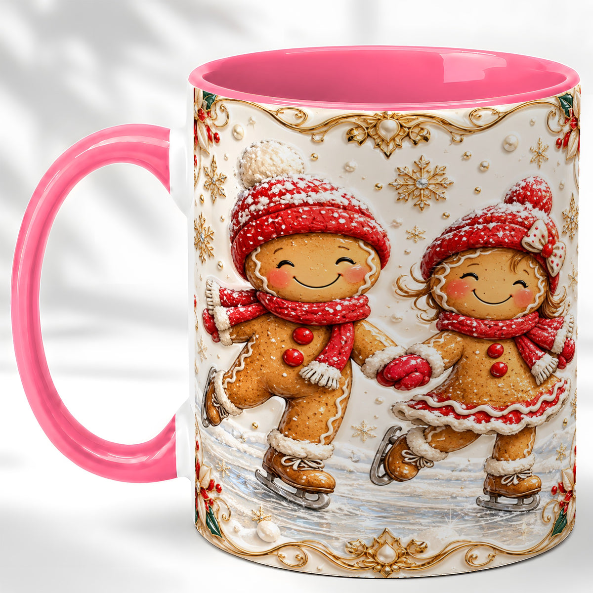 #pl[11oz|Pink] Gingerbread Skaters Coffee Mug, Christmas Couple Mug, Ceramic Cup