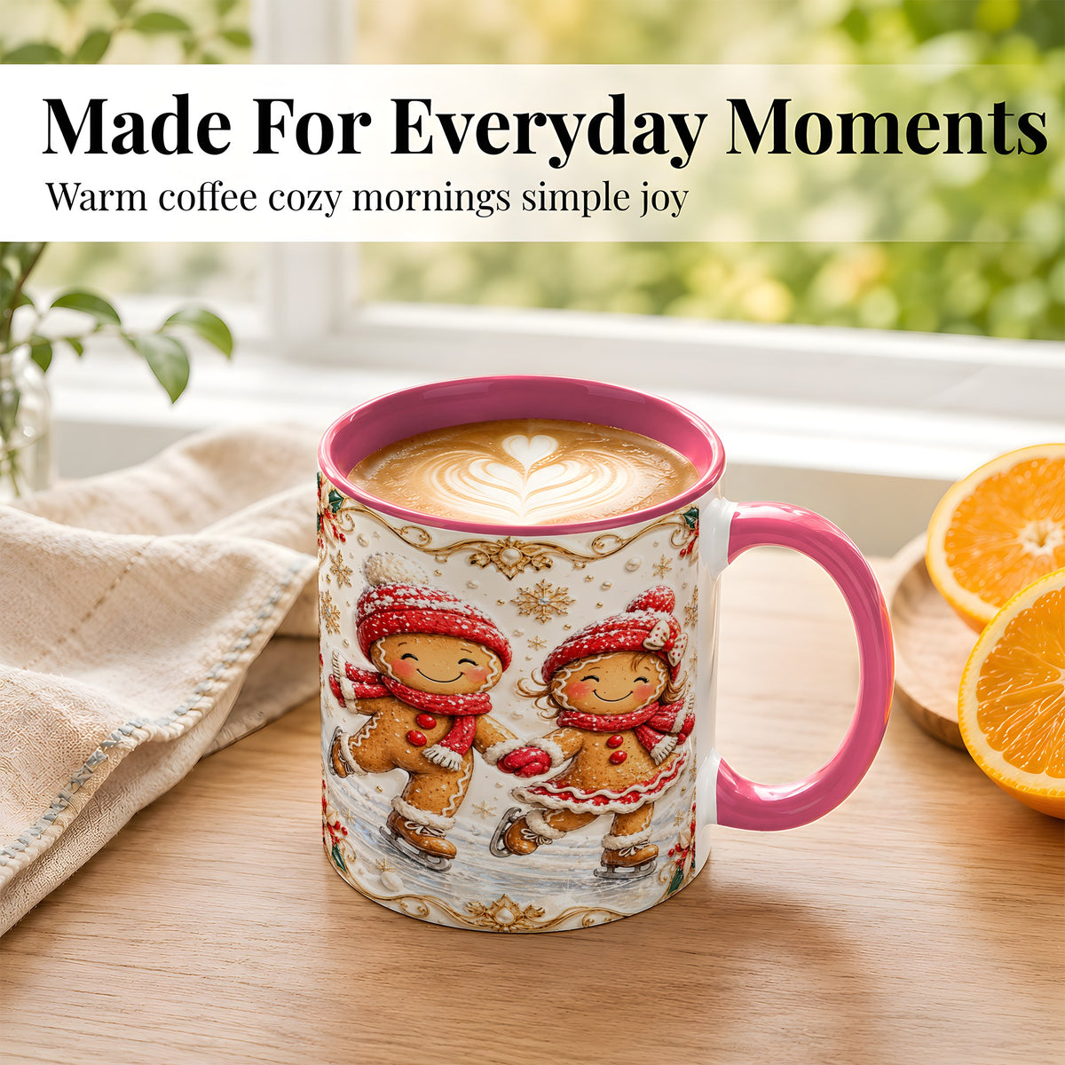 #pl[11oz|Pink] Gingerbread Skaters Coffee Mug, Christmas Couple Mug, Ceramic Cup