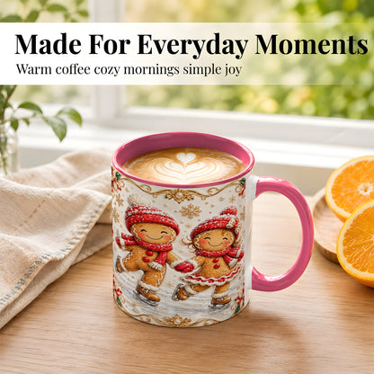 #pl[11oz|Pink] Gingerbread Skaters Coffee Mug, Christmas Couple Mug, Ceramic Cup