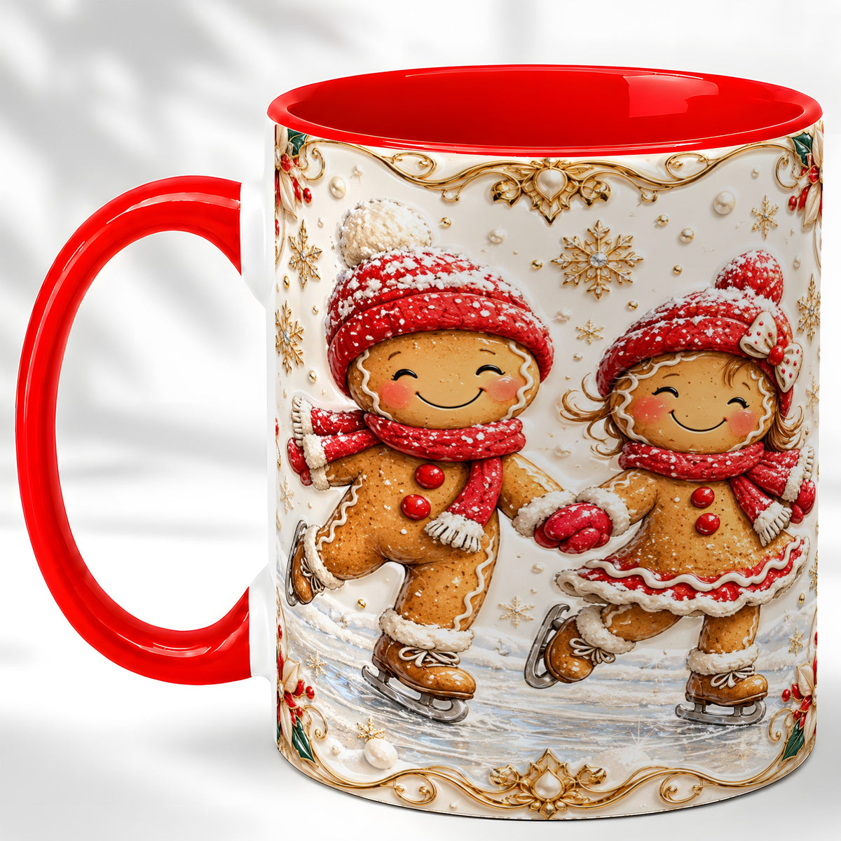 Gingerbread Skaters Coffee Mug, Christmas Couple Mug, Ceramic Cup