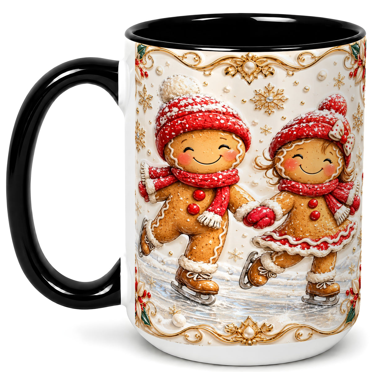 #pl[15oz|Black] Gingerbread Skaters Coffee Mug, Christmas Couple Mug, Ceramic Cup