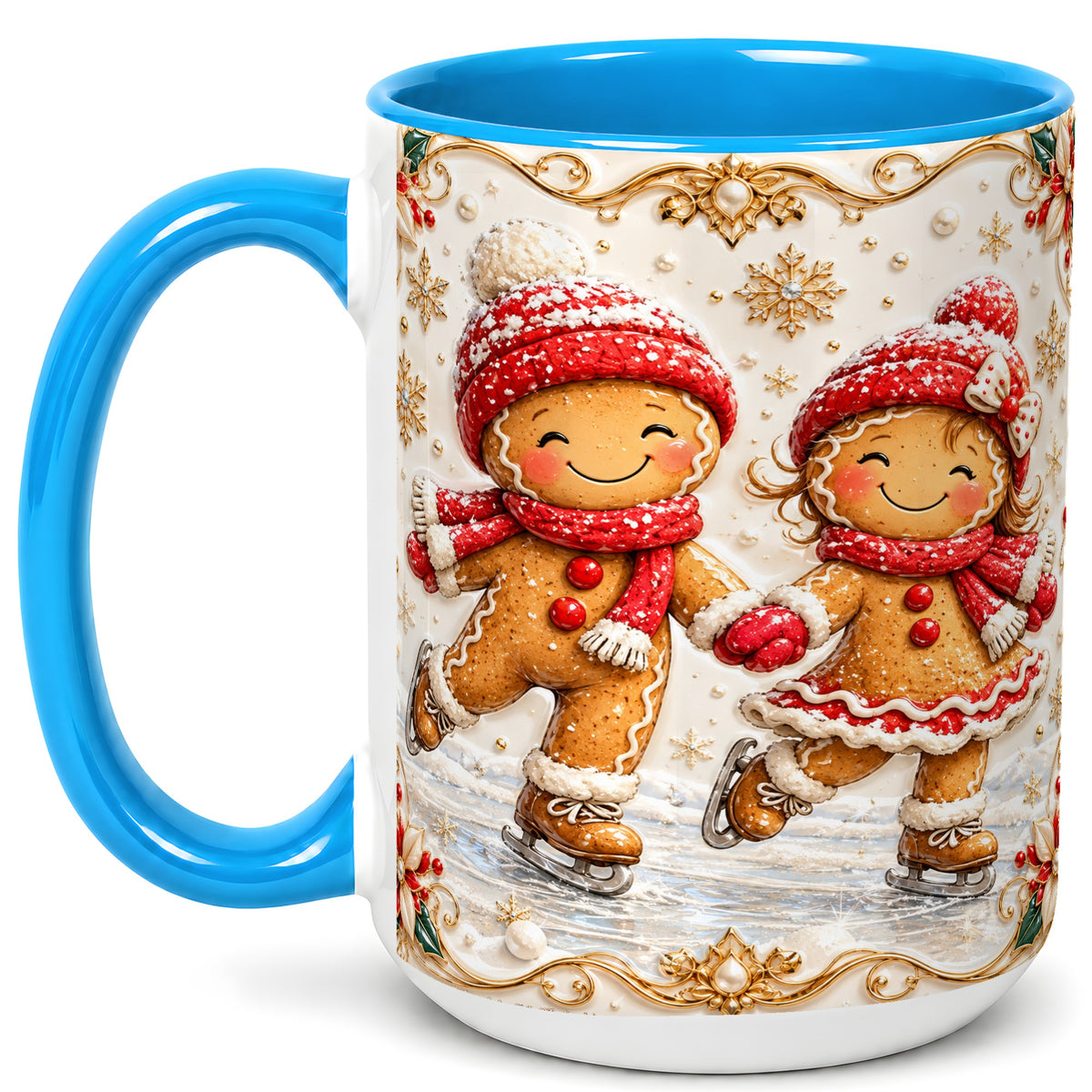 #pl[15oz|Blue] Gingerbread Skaters Coffee Mug, Christmas Couple Mug, Ceramic Cup