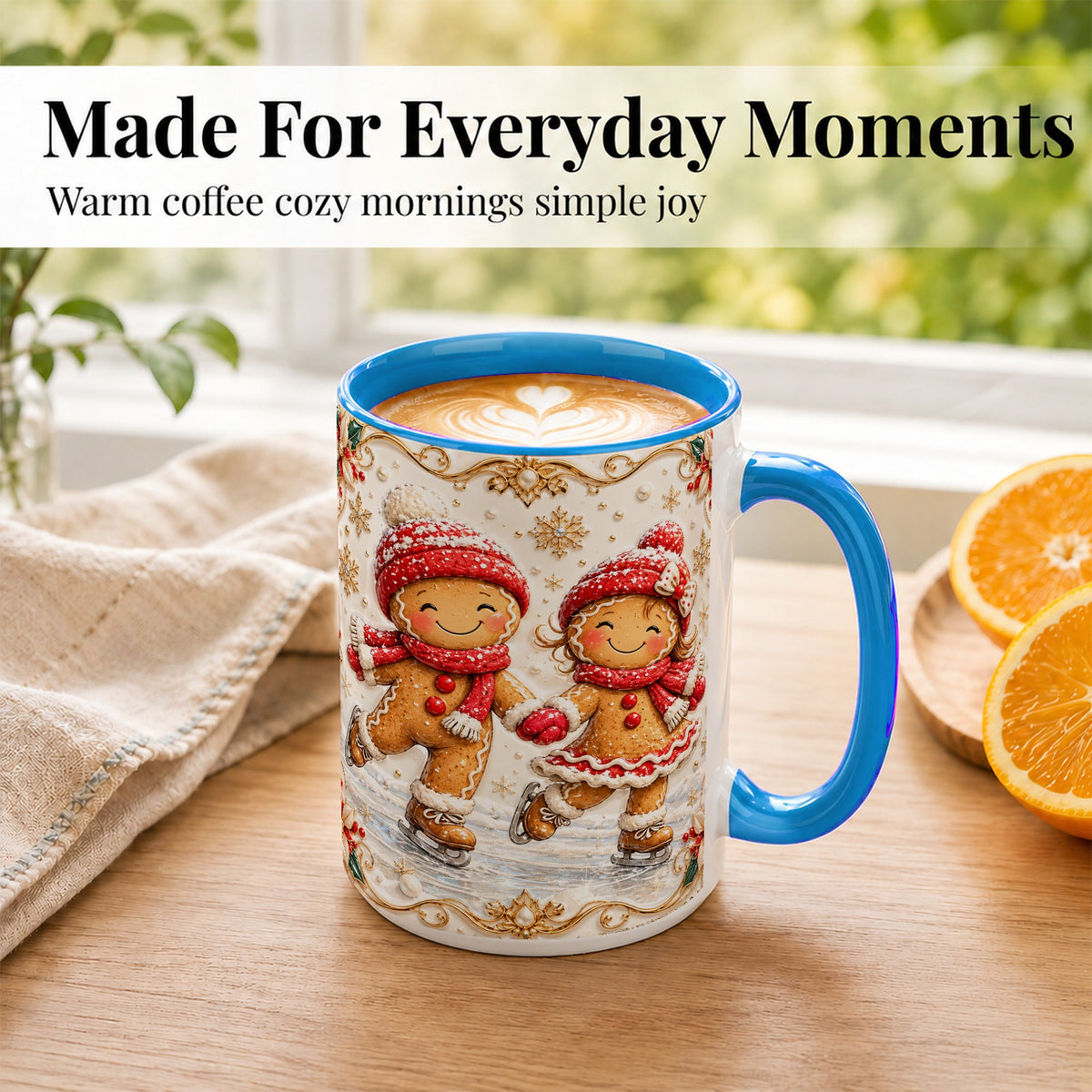 #pl[15oz|Blue] Gingerbread Skaters Coffee Mug, Christmas Couple Mug, Ceramic Cup