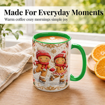 #pl[15oz|Green] Gingerbread Skaters Coffee Mug, Christmas Couple Mug, Ceramic Cup