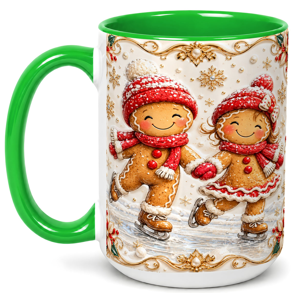 #pl[15oz|Green] Gingerbread Skaters Coffee Mug, Christmas Couple Mug, Ceramic Cup