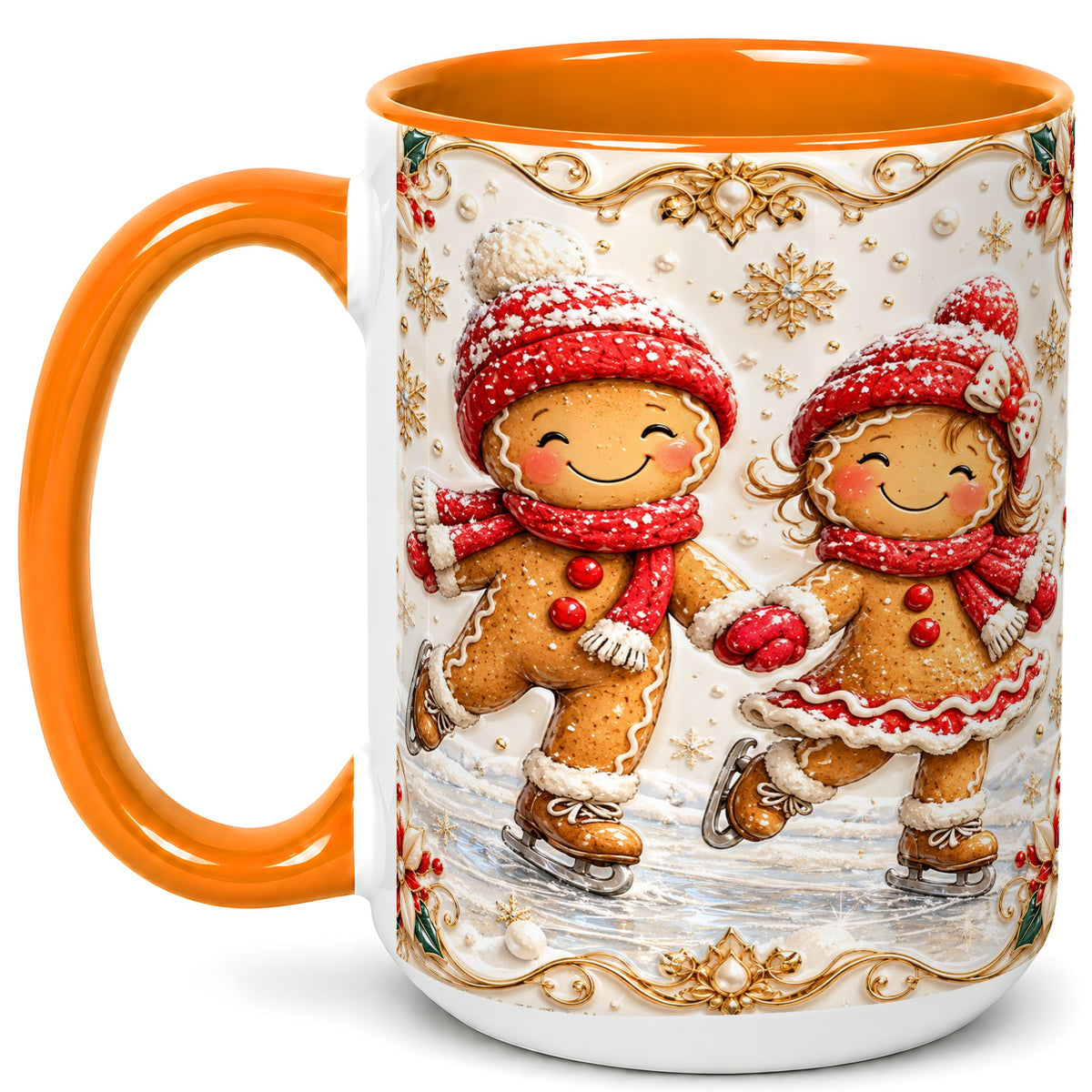 #pl[15oz|Orange] Gingerbread Skaters Coffee Mug, Christmas Couple Mug, Ceramic Cup